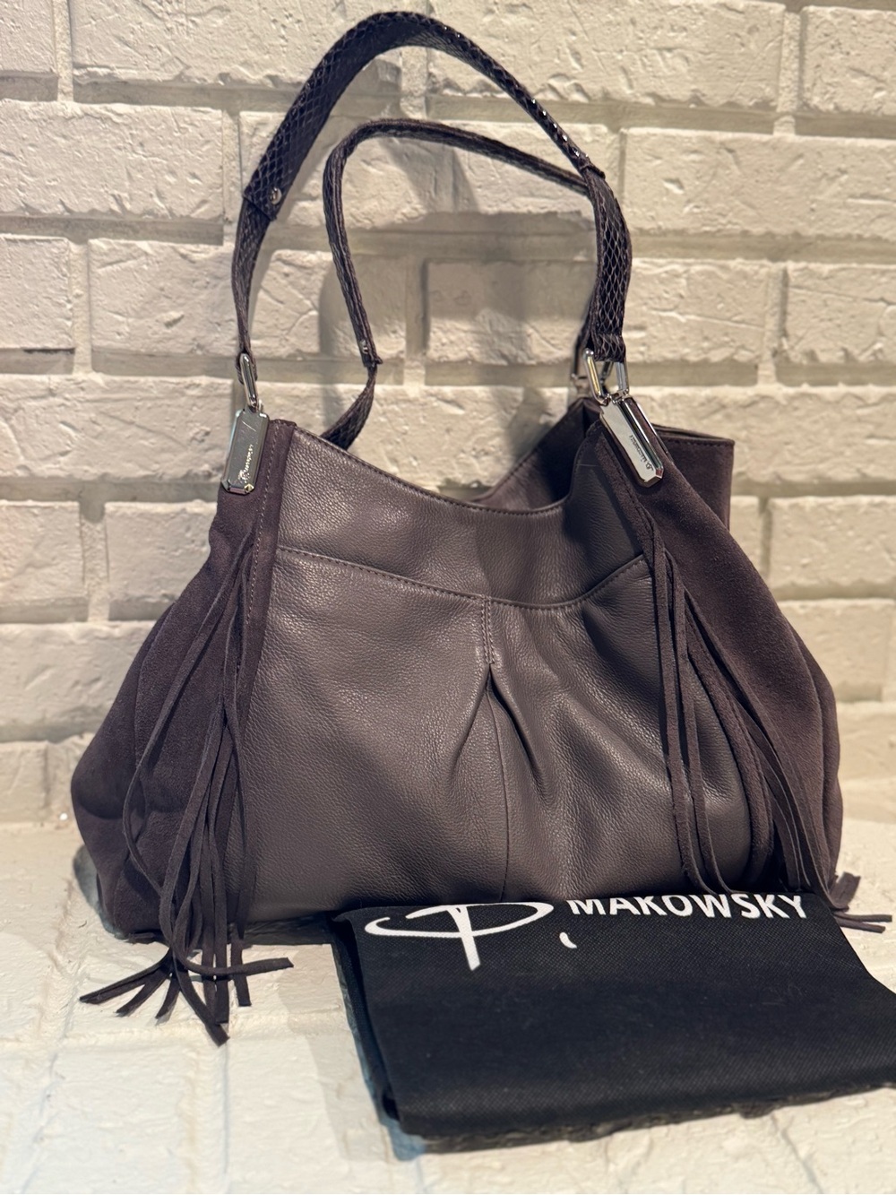 b. makowsky Plum Leather Fringe Shoulder Bag